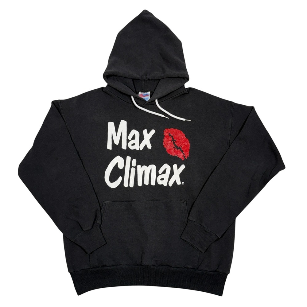 Vintage Max Climax Hoodie L Black USA 80s 90s Red Lips Kiss Sweatshirt Punk